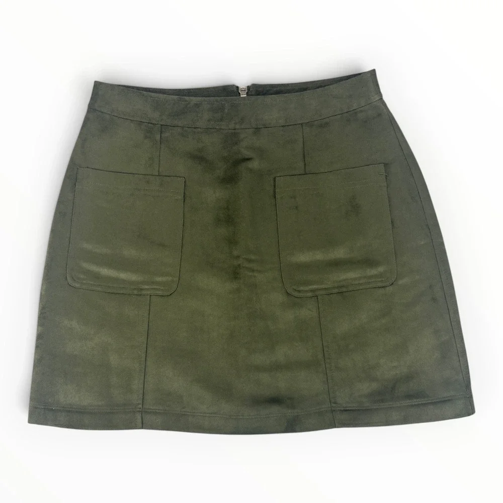 Olive Faux Suede A Line Mini Skirt Womens 4 Back Zip Pockets Fall Dark Academia